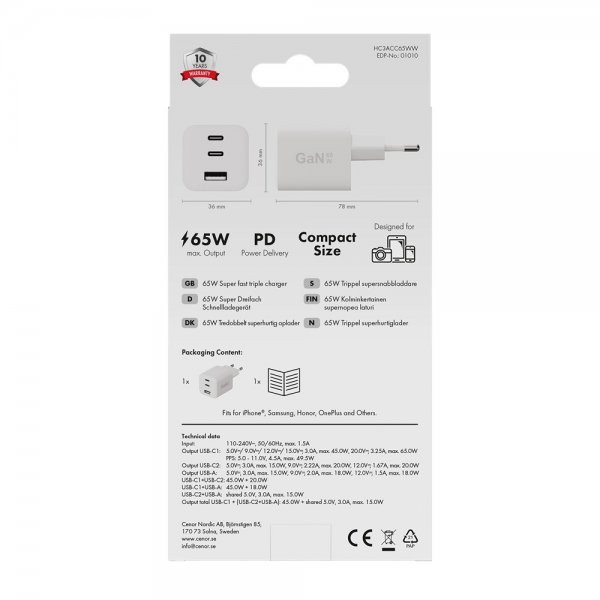 X2O Lader 65W Triple USB-C/USB-A GaN Hvit
