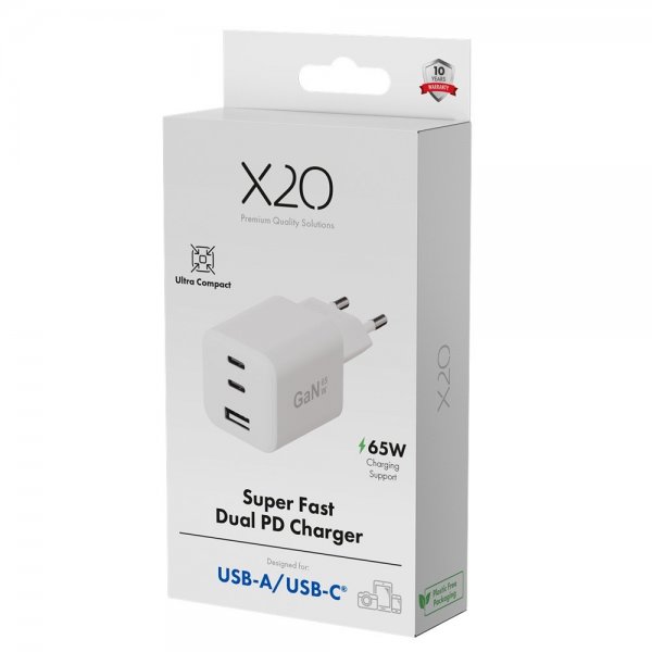 X2O Lader 65W Triple USB-C/USB-A GaN Hvit