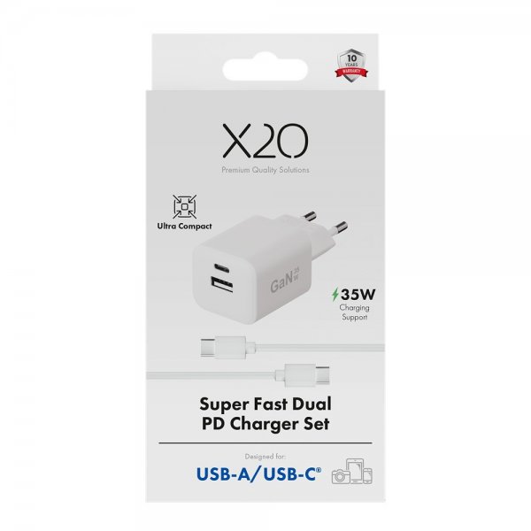 X2O Lader med Kabel 1.2m 35W USB-C/USB-A GaN Hvit