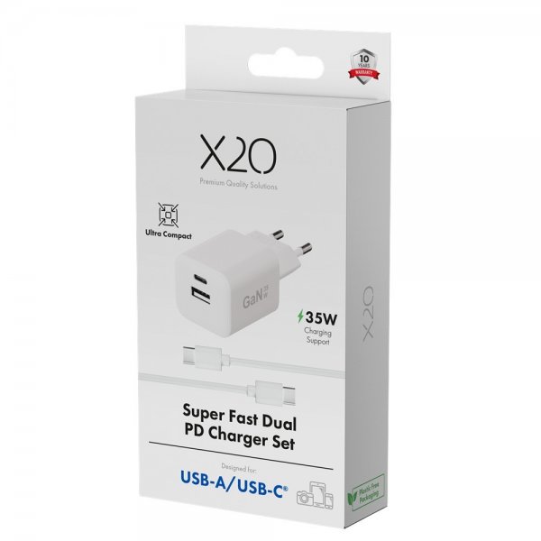 X2O Lader med Kabel 1.2m 35W USB-C/USB-A GaN Hvit