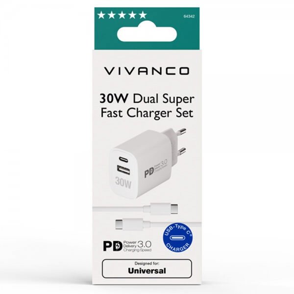 Vivanco Lader med Kabel 30W Dual Super Fast PD Charger Set