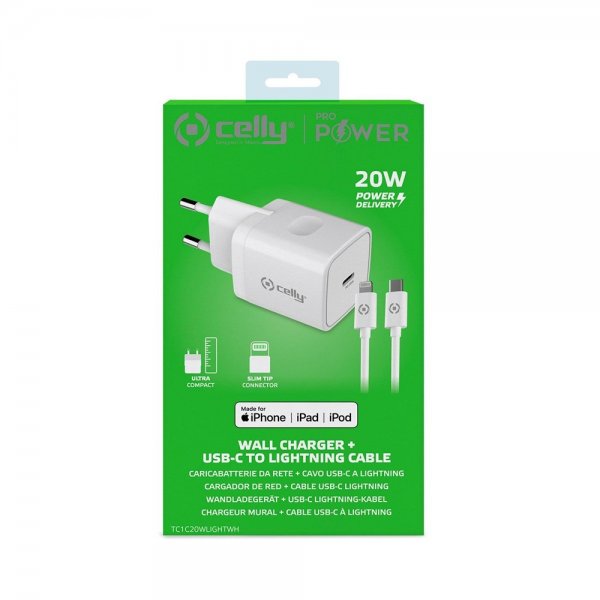 Celly Lader med Lightning-kabel TC1C20WLIGHT 20W Hvit