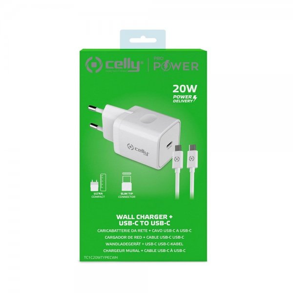 Celly Lader med USB-C kabel TC1C20WTYPEC 20W Hvit
