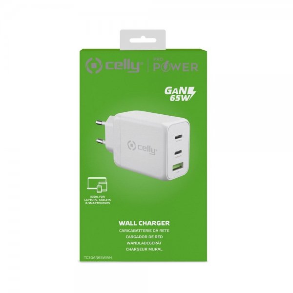 Celly Lader TC3GAN65W 2xUSB-C/USB-A GaN 65W Hvit