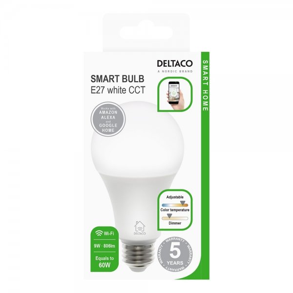 Deltaco Smart Home LED-pære E27 WiFi 9W