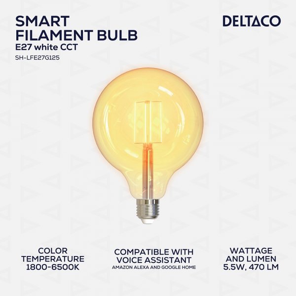 Deltaco Smart Home LED-pære Filament E27 WiFi G125 5.5W