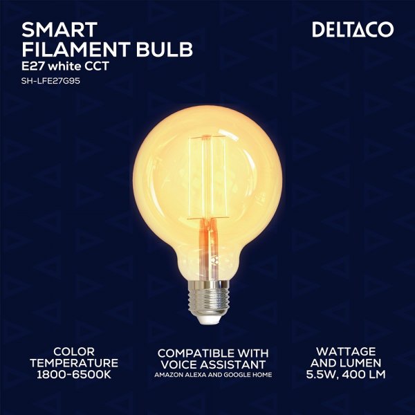 Deltaco Smart Home LED-lampe Filament E27 WiFi G95 5.5W