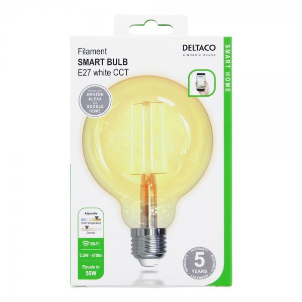 Deltaco Smart Home LED-lampe Filament E27 WiFi G95 5.5W