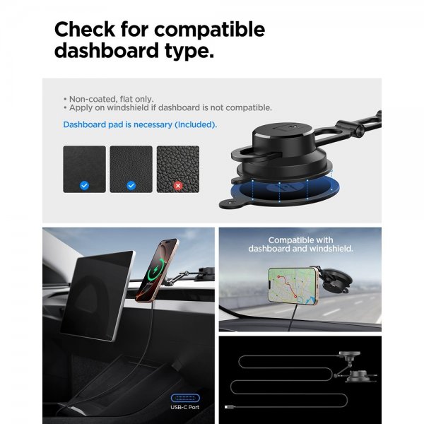 Spigen MagSafe Mobilholder til bil med Trådløs Lading OneTap Pro 4 Dashboard/Windshield