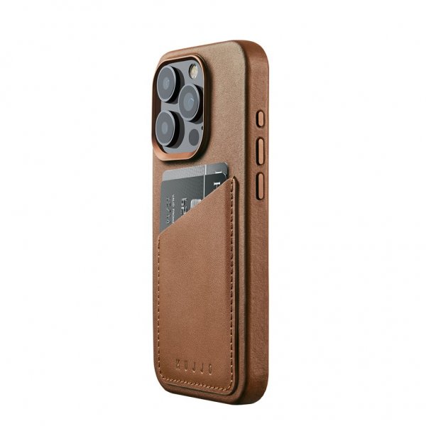 Mujjo iPhone 15 Pro Deksel Full Leather Wallet Case MagSafe Dark Tan