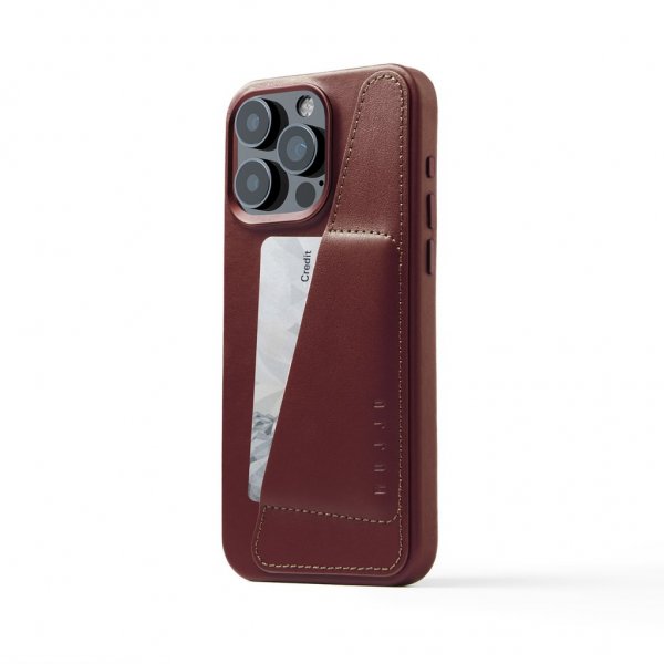 Mujjo iPhone 15 Pro Max Deksel Full Leather Wallet Case MagSafe Burgundy