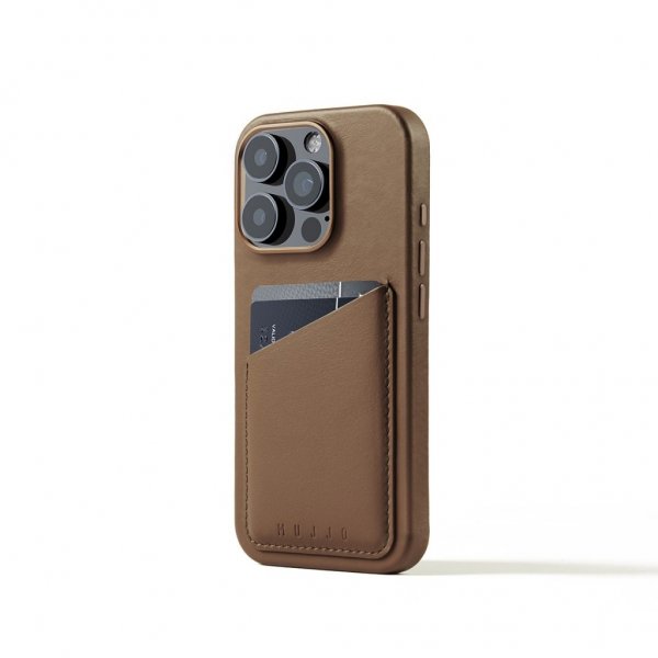 Mujjo iPhone 16 Pro Deksel Full Leather Wallet Case Dark Tan