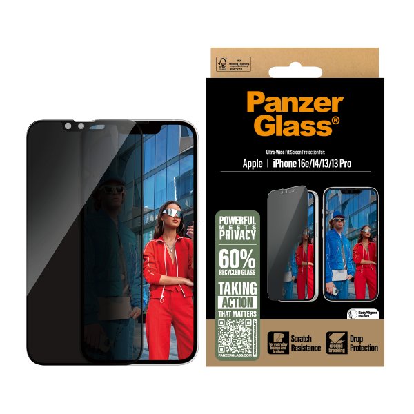 PanzerGlass iPhone 13/13 Pro/14/16e/17e Skjermbeskytter Ultra-Wide Fit Privacy EasyAligner