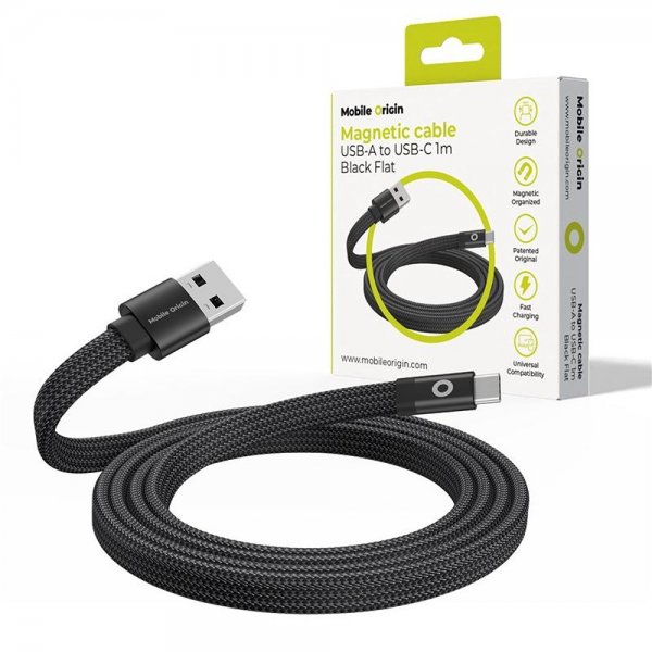 Mobile Origin Flat Kabel Magnetic USB-A to USB-C 1m Svart