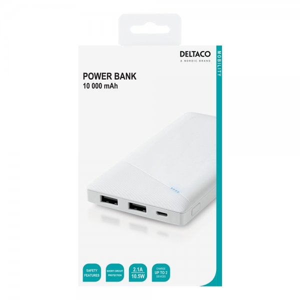 Deltaco Powerbank 10 000 mAh 10W Hvit