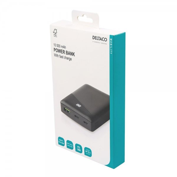 Deltaco Powerbank 10 000 mAh Fast Charge 18W Svart