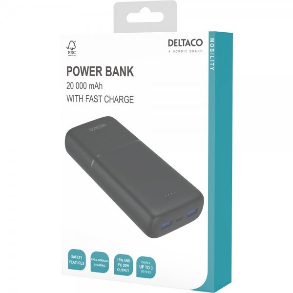 Deltaco Powerbank 20 000 mAh Fast Charge 20W Svart