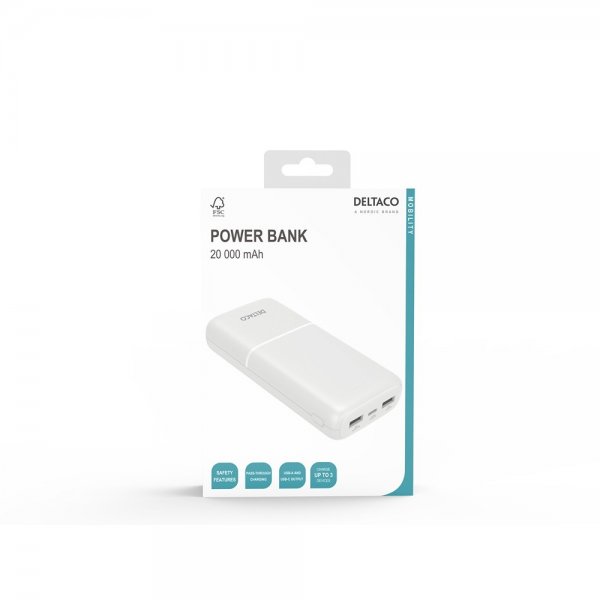 Deltaco Powerbank 20 000 mAh Hvit