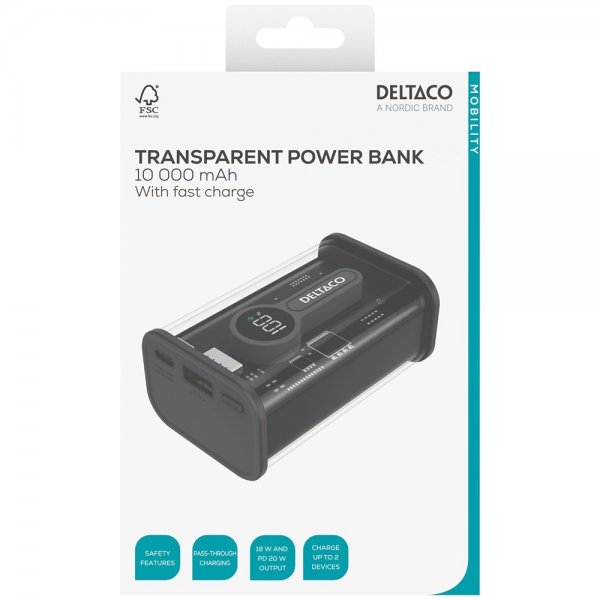 Deltaco Powerbank Transparent 10 000 mAh Fast Charge Svart