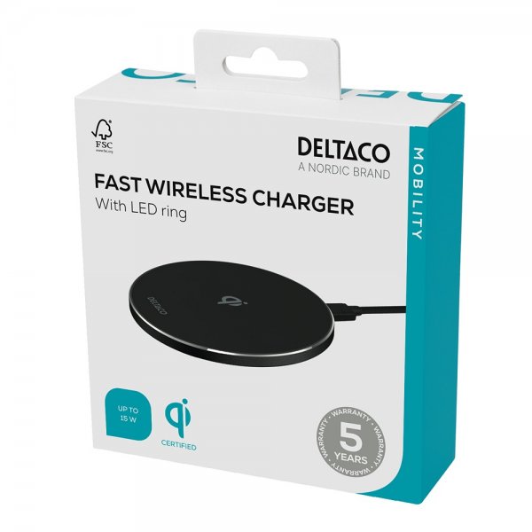 Deltaco Trådløs lader 15W LED Qi Svart