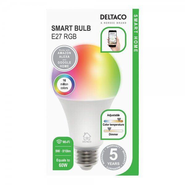Deltaco Smart Home RGB LED-lampe E27 WiFi 9W