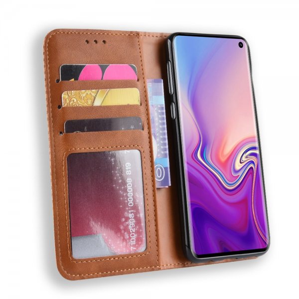 Samsung Galaxy S10E Plånboksetui Vintage PU-skinn RutMønster Brun