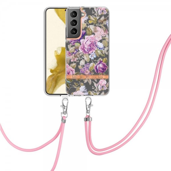 Samsung Galaxy S22 Plus Deksel Blomstermønster Stropp Lilla Pioner