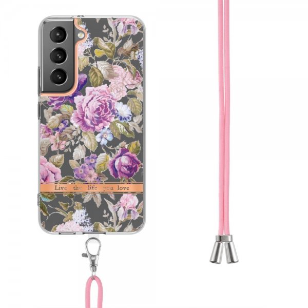 Samsung Galaxy S22 Plus Deksel Blomstermønster Stropp Lilla Pioner