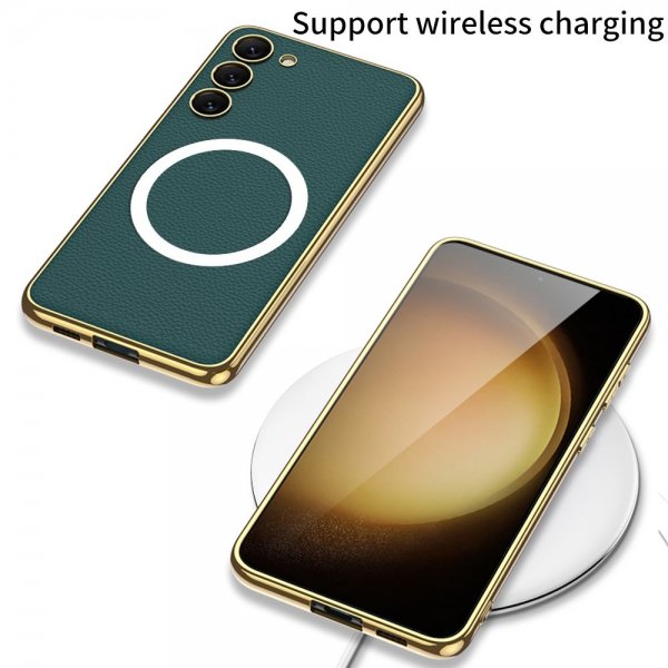 GKK Samsung Galaxy S23 Plus Deksel Litchimønster Belagt Kant MagSafe Grønn
