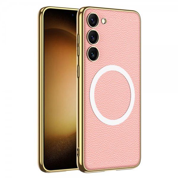 GKK Samsung Galaxy S23 Plus Deksel Litchimønster Belagt Kant MagSafe Rosa