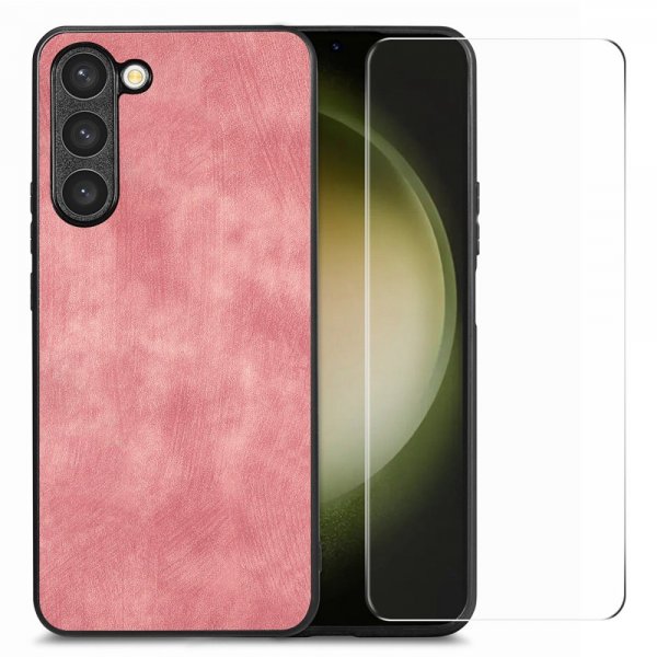 ENKAY Samsung Galaxy S23 Plus Deksel med Skjermbeskytter Skinntekstur Rosa