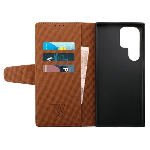 Rvelon Samsung Galaxy S23 Ultra Etui Utbrettbar Kortlomme Brun