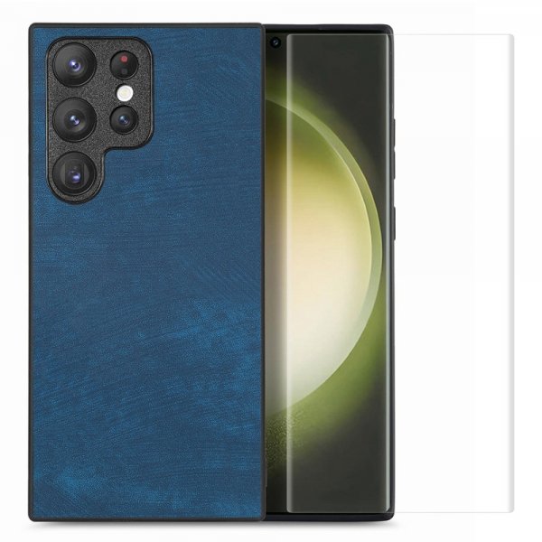 ENKAY Samsung Galaxy S23 Ultra Deksel med Skjermbeskytter Skinntekstur Blå