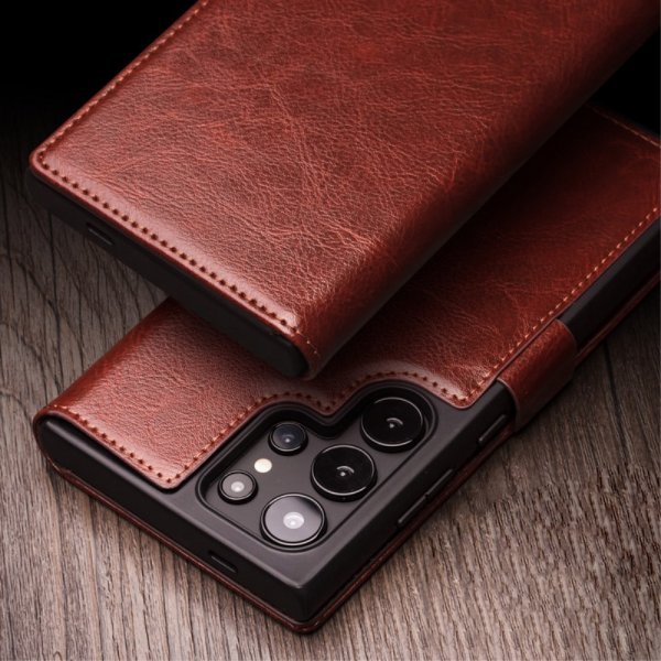 Qialino Samsung Galaxy S24 Ultra Etui Ekte skinn Kortlommer Brun