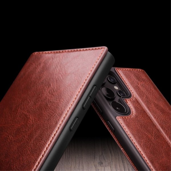 Qialino Samsung Galaxy S24 Ultra Etui Ekte skinn Kortlommer Brun