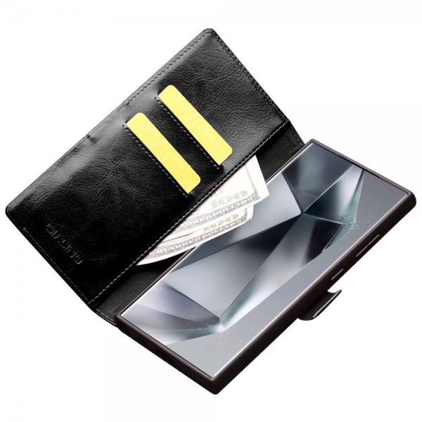 Qialino Samsung Galaxy S24 Ultra Etui Ekte skinn Kortlommer Svart