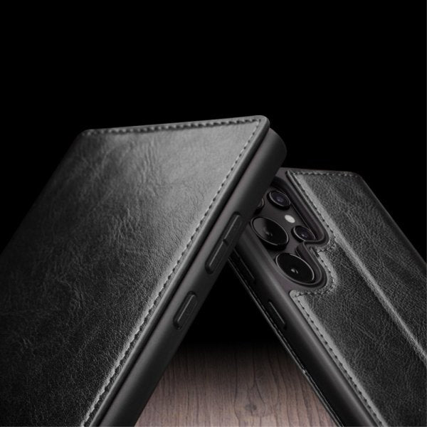 Qialino Samsung Galaxy S24 Ultra Etui Ekte skinn Kortlommer Svart