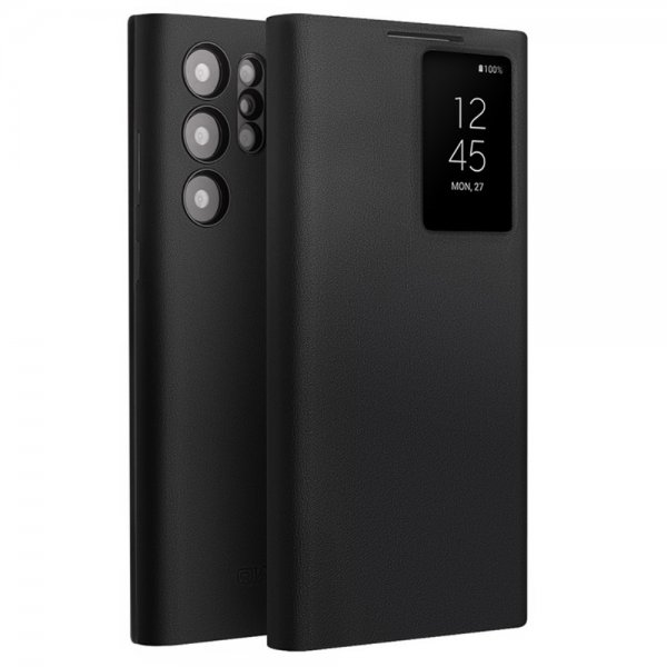 Qialino Samsung Galaxy S24 Ultra Etui View Window Ekte skinn Svart