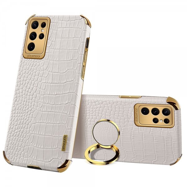 Samsung Galaxy S24 Ultra Deksel Krokodillemønster Finger Ring Hvit
