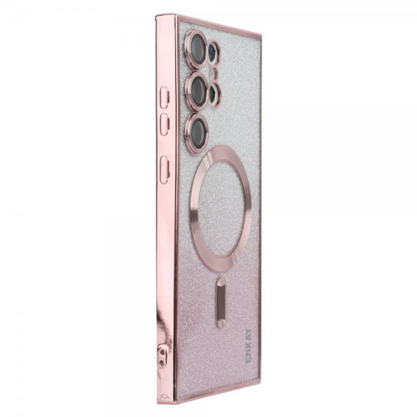 ENKAY Samsung Galaxy S24 Ultra Deksel Belagt Kant Glitter MagSafe Rosa