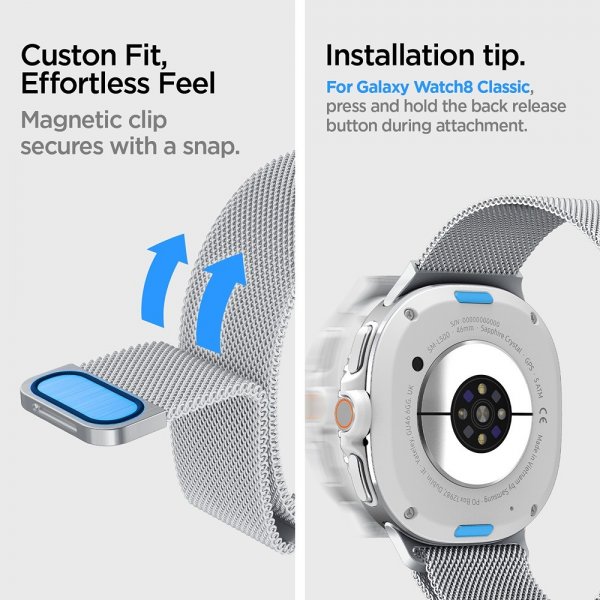 Spigen Samsung Galaxy Watch 8 40/44mm/Classic 46mm Armbånd Metal Fit Sølv