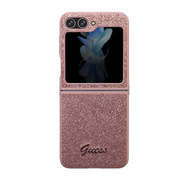 Guess Samsung Galaxy Z Flip 5 Deksel Glitter Flakes Metal Logo Rosa