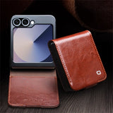 Qialino Samsung Galaxy Z Flip 6/Flip 7 FE Etui Ekte Skinn med Flipp Brun