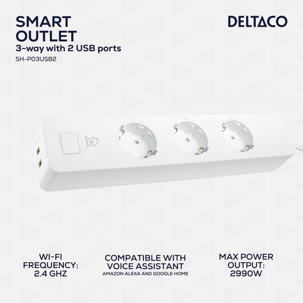 Deltaco Smart Home Smart WiFi strømuttak 3xCEE 7/3 & 2xUSB-A 1.5m