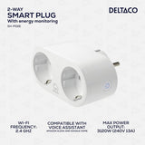 Deltaco Smart Home Smart plugg med doble stikkontakter og energiovervåking.