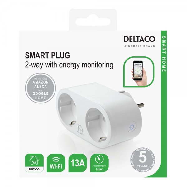 Deltaco Smart Home Smart plugg med doble stikkontakter og energiovervåking.
