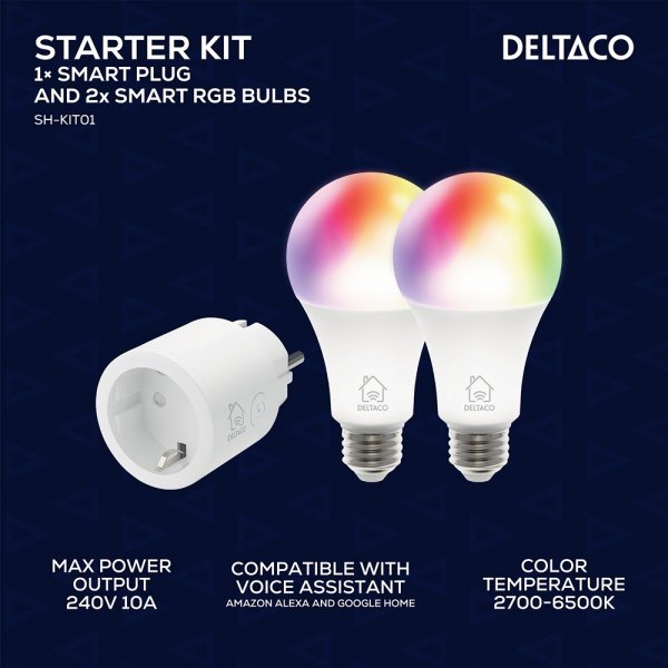 Deltaco Smart Home Starter Kit med Smart Plug og 2 RGB LED-lamper