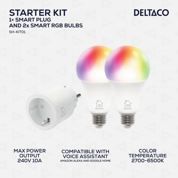 Deltaco Smart Home Starter Kit med Smart Plug og 2 RGB LED-lamper