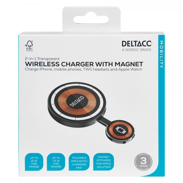 Deltaco Trådløs lader 2-in-1 Transparent MagSafe