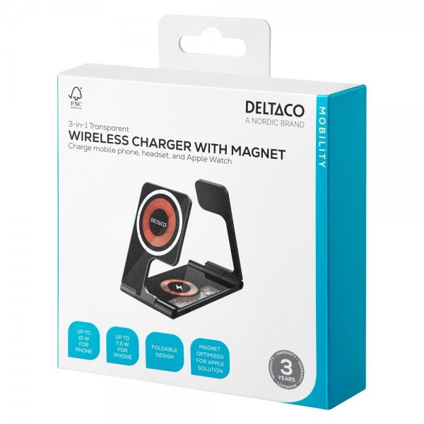 Deltaco Trådløs lader 3-in-1 Transparent Foldable MagSafe